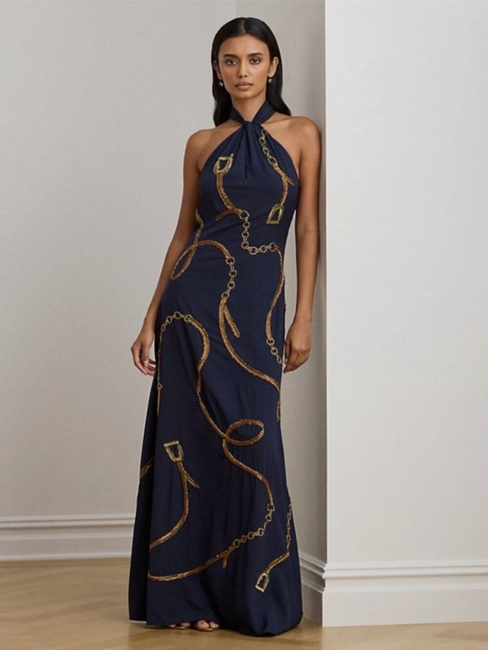Lauren Ralph Lauren Belting Motif Sequined Crepe Gown Navy Blue Women's Size 0